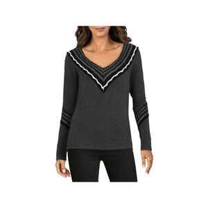BAILEY44 Womens Gray Stretch Embroidered Printed Long Sleeve V Neck Sweater XS